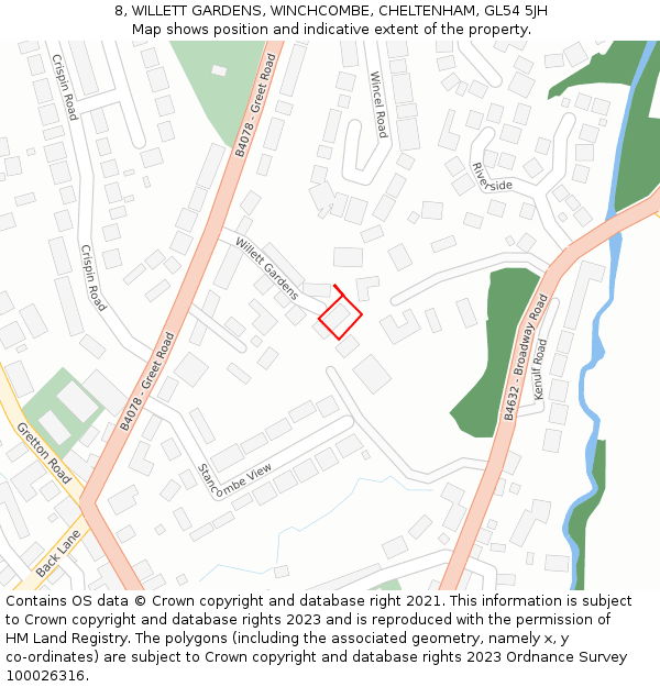 8, WILLETT GARDENS, WINCHCOMBE, CHELTENHAM, GL54 5JH: Location map and indicative extent of plot