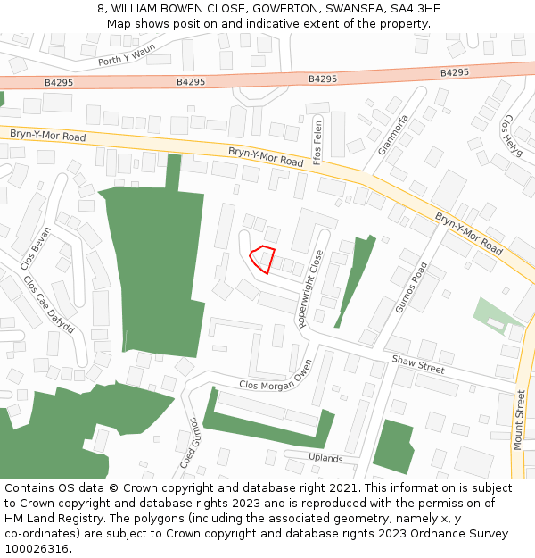 8, WILLIAM BOWEN CLOSE, GOWERTON, SWANSEA, SA4 3HE: Location map and indicative extent of plot
