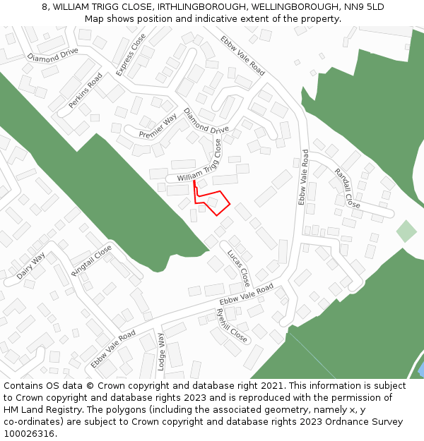 8, WILLIAM TRIGG CLOSE, IRTHLINGBOROUGH, WELLINGBOROUGH, NN9 5LD: Location map and indicative extent of plot