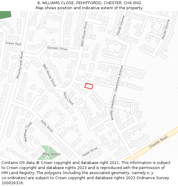8, WILLIAMS CLOSE, PENYFFORDD, CHESTER, CH4 0NG: Location map and indicative extent of plot