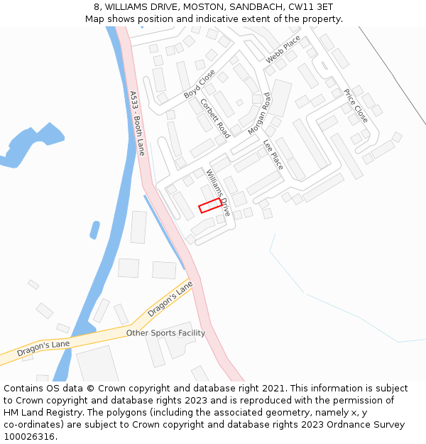 8, WILLIAMS DRIVE, MOSTON, SANDBACH, CW11 3ET: Location map and indicative extent of plot