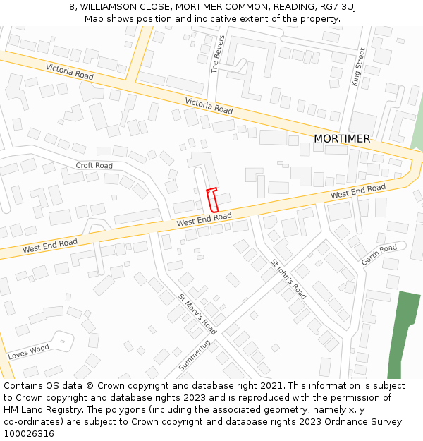 8, WILLIAMSON CLOSE, MORTIMER COMMON, READING, RG7 3UJ: Location map and indicative extent of plot