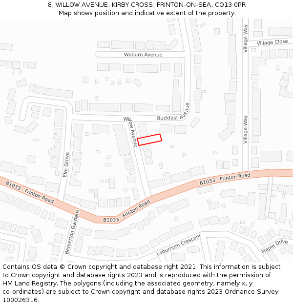 8, WILLOW AVENUE, KIRBY CROSS, FRINTON-ON-SEA, CO13 0PR: Location map and indicative extent of plot