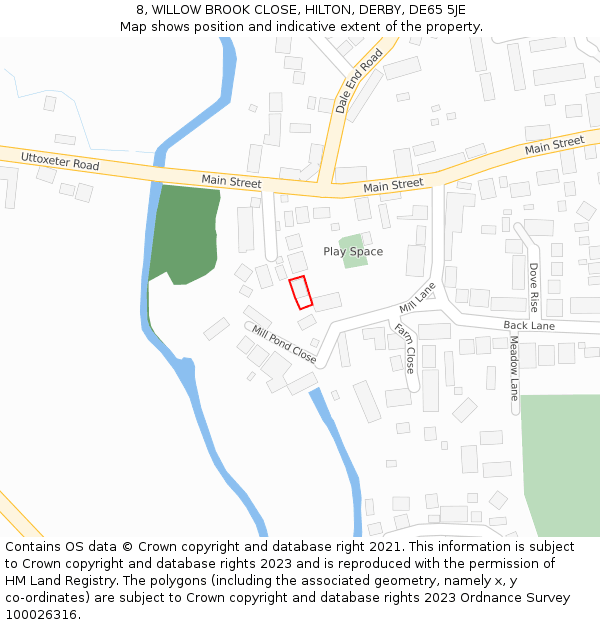 8, WILLOW BROOK CLOSE, HILTON, DERBY, DE65 5JE: Location map and indicative extent of plot