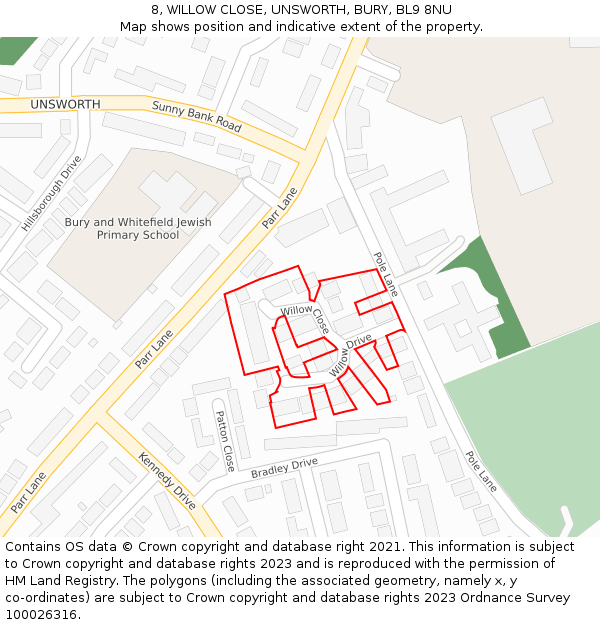 8, WILLOW CLOSE, UNSWORTH, BURY, BL9 8NU: Location map and indicative extent of plot