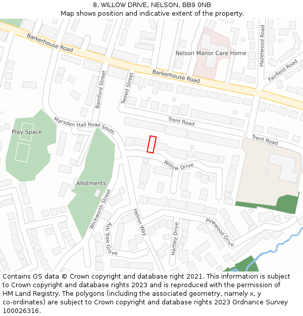 8, WILLOW DRIVE, NELSON, BB9 0NB: Location map and indicative extent of plot