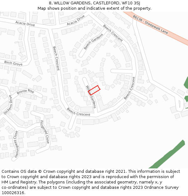 8, WILLOW GARDENS, CASTLEFORD, WF10 3SJ: Location map and indicative extent of plot