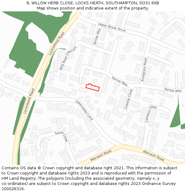 8, WILLOW HERB CLOSE, LOCKS HEATH, SOUTHAMPTON, SO31 6XB: Location map and indicative extent of plot