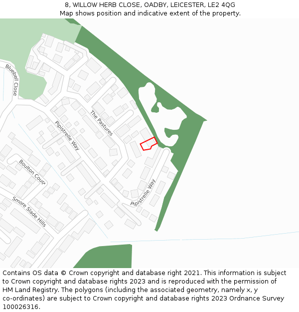 8, WILLOW HERB CLOSE, OADBY, LEICESTER, LE2 4QG: Location map and indicative extent of plot