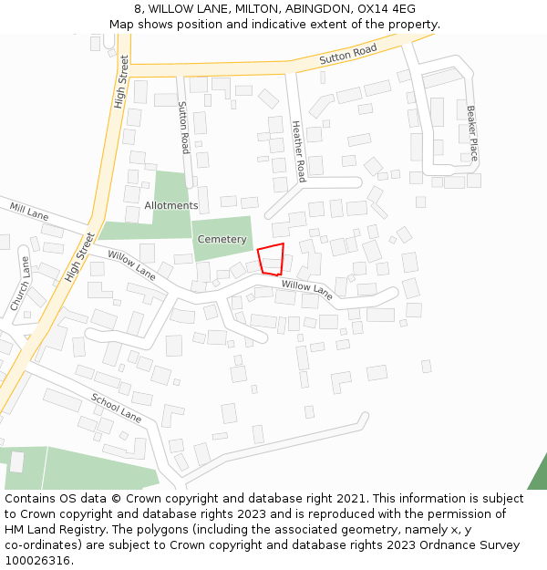 8, WILLOW LANE, MILTON, ABINGDON, OX14 4EG: Location map and indicative extent of plot