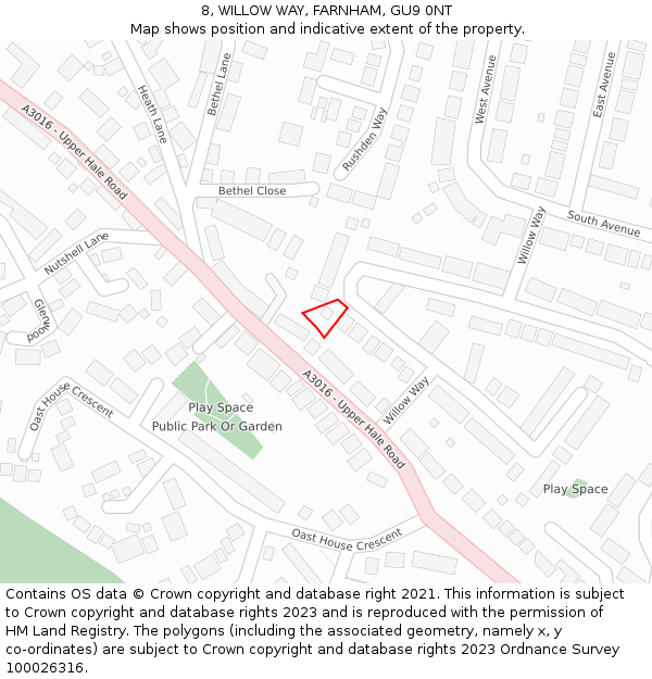 8, WILLOW WAY, FARNHAM, GU9 0NT: Location map and indicative extent of plot