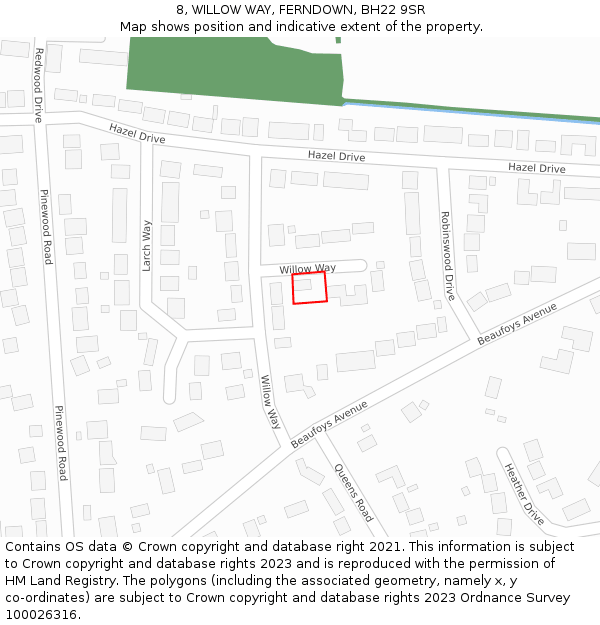 8, WILLOW WAY, FERNDOWN, BH22 9SR: Location map and indicative extent of plot