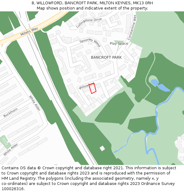 8, WILLOWFORD, BANCROFT PARK, MILTON KEYNES, MK13 0RH: Location map and indicative extent of plot