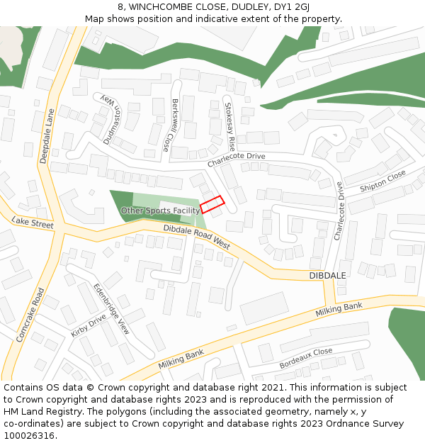 8, WINCHCOMBE CLOSE, DUDLEY, DY1 2GJ: Location map and indicative extent of plot