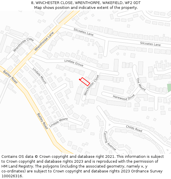 8, WINCHESTER CLOSE, WRENTHORPE, WAKEFIELD, WF2 0DT: Location map and indicative extent of plot
