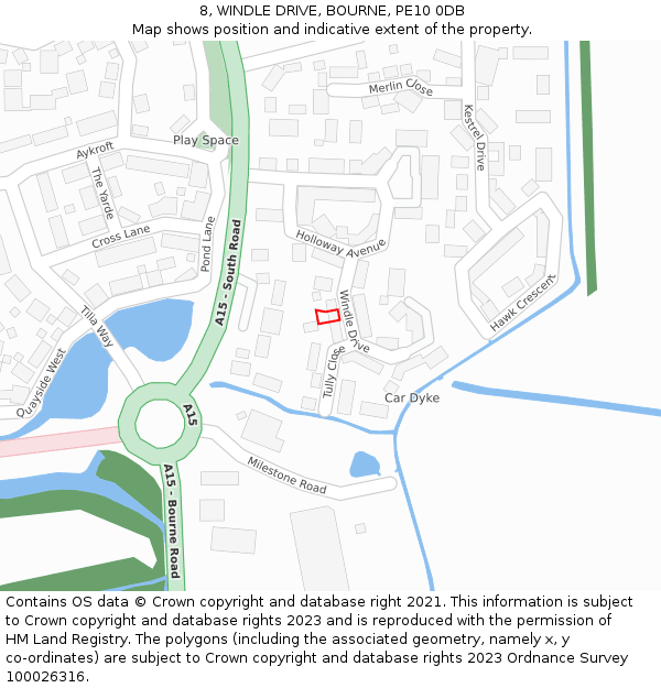 8, WINDLE DRIVE, BOURNE, PE10 0DB: Location map and indicative extent of plot