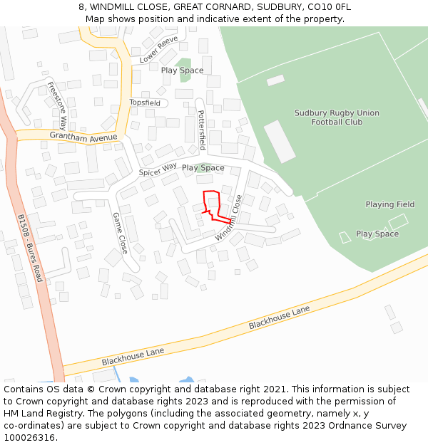 8, WINDMILL CLOSE, GREAT CORNARD, SUDBURY, CO10 0FL: Location map and indicative extent of plot