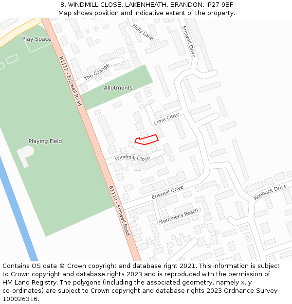 8, WINDMILL CLOSE, LAKENHEATH, BRANDON, IP27 9BF: Location map and indicative extent of plot