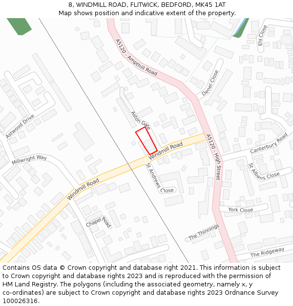 8, WINDMILL ROAD, FLITWICK, BEDFORD, MK45 1AT: Location map and indicative extent of plot