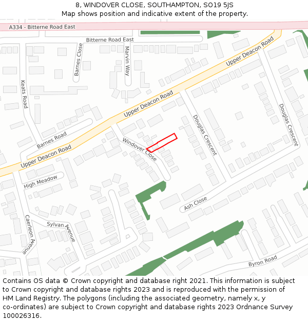 8, WINDOVER CLOSE, SOUTHAMPTON, SO19 5JS: Location map and indicative extent of plot