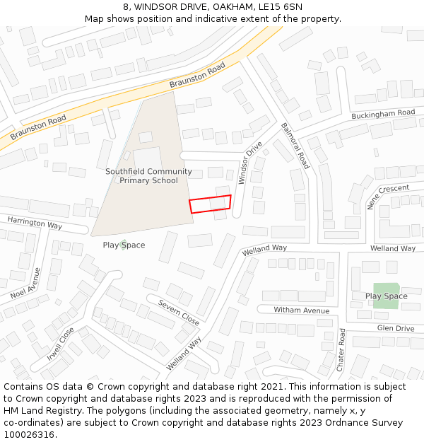 8, WINDSOR DRIVE, OAKHAM, LE15 6SN: Location map and indicative extent of plot