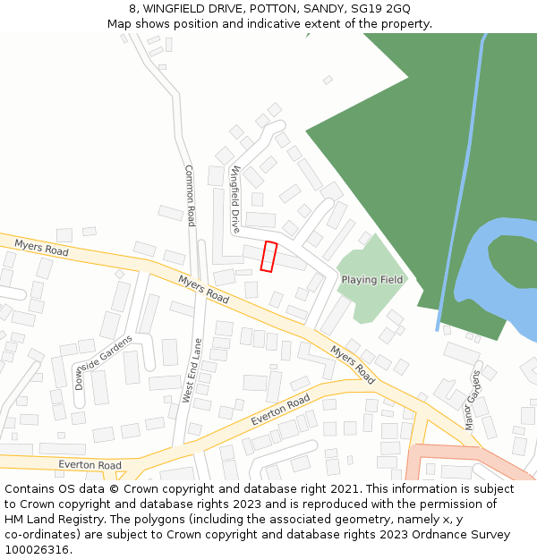 8, WINGFIELD DRIVE, POTTON, SANDY, SG19 2GQ: Location map and indicative extent of plot