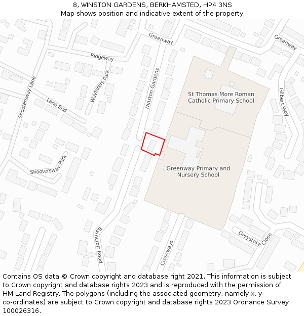 8, WINSTON GARDENS, BERKHAMSTED, HP4 3NS: Location map and indicative extent of plot