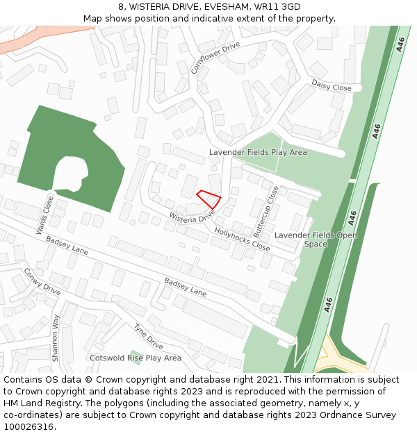 8, WISTERIA DRIVE, EVESHAM, WR11 3GD: Location map and indicative extent of plot