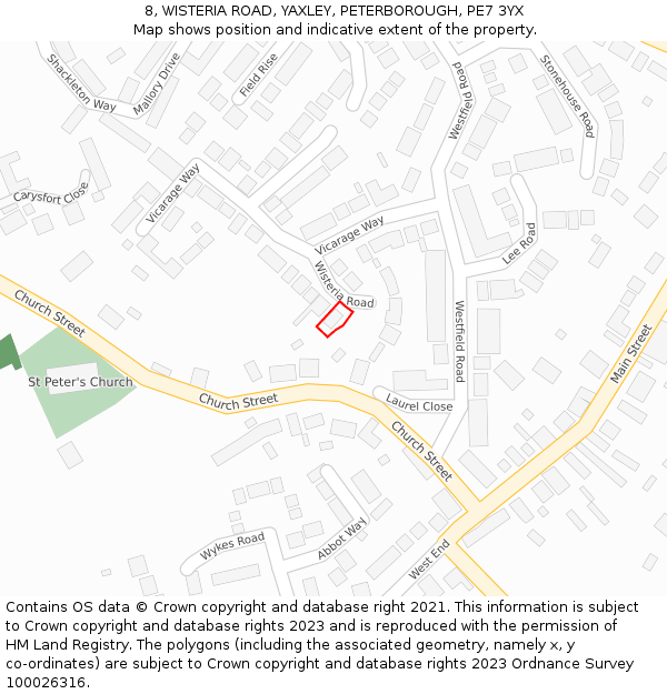 8, WISTERIA ROAD, YAXLEY, PETERBOROUGH, PE7 3YX: Location map and indicative extent of plot