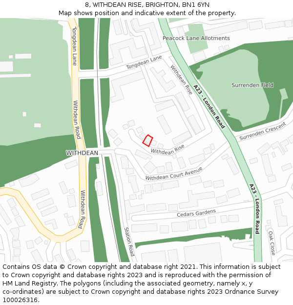 8, WITHDEAN RISE, BRIGHTON, BN1 6YN: Location map and indicative extent of plot