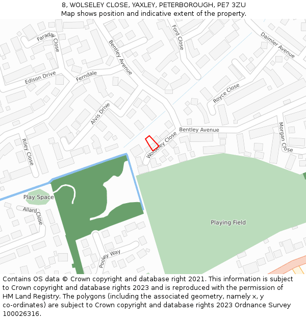 8, WOLSELEY CLOSE, YAXLEY, PETERBOROUGH, PE7 3ZU: Location map and indicative extent of plot