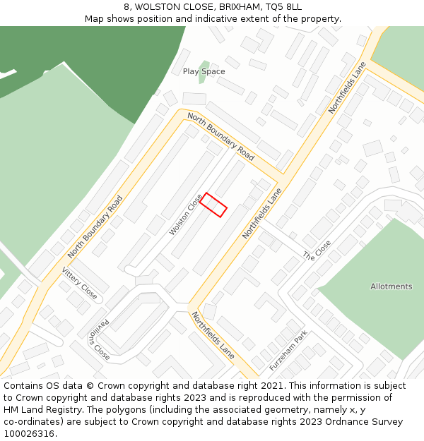 8, WOLSTON CLOSE, BRIXHAM, TQ5 8LL: Location map and indicative extent of plot