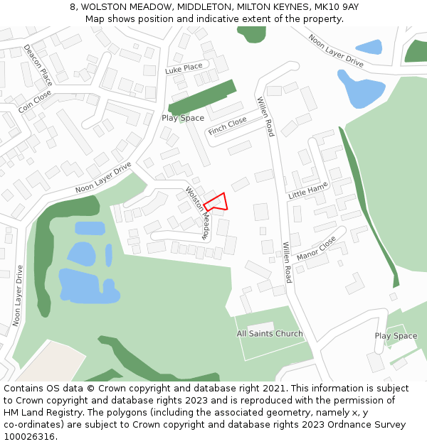 8, WOLSTON MEADOW, MIDDLETON, MILTON KEYNES, MK10 9AY: Location map and indicative extent of plot