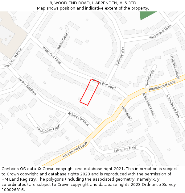 8, WOOD END ROAD, HARPENDEN, AL5 3ED: Location map and indicative extent of plot