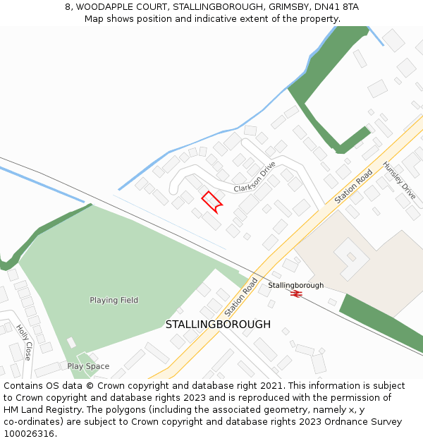 8, WOODAPPLE COURT, STALLINGBOROUGH, GRIMSBY, DN41 8TA: Location map and indicative extent of plot