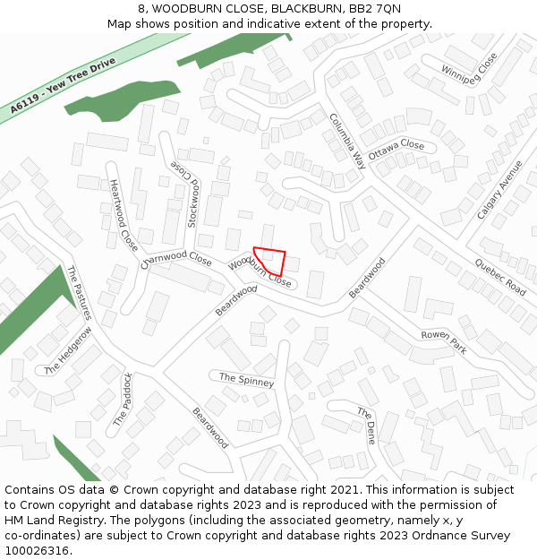 8, WOODBURN CLOSE, BLACKBURN, BB2 7QN: Location map and indicative extent of plot