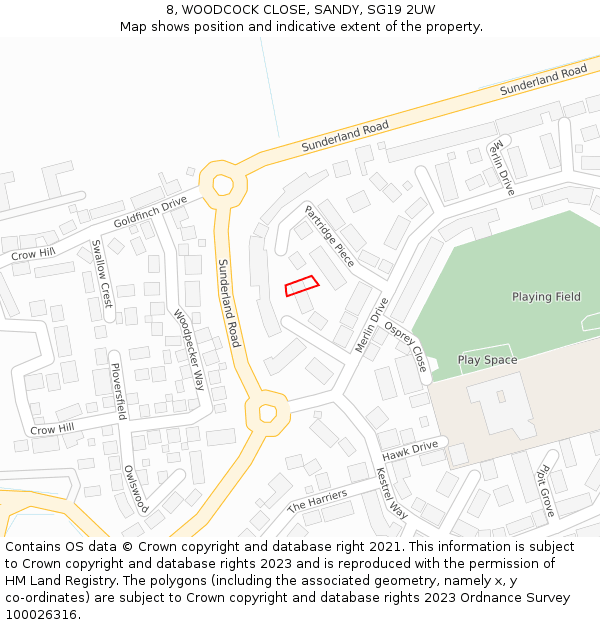 8, WOODCOCK CLOSE, SANDY, SG19 2UW: Location map and indicative extent of plot