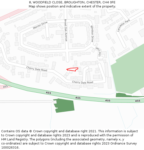8, WOODFIELD CLOSE, BROUGHTON, CHESTER, CH4 0FE: Location map and indicative extent of plot