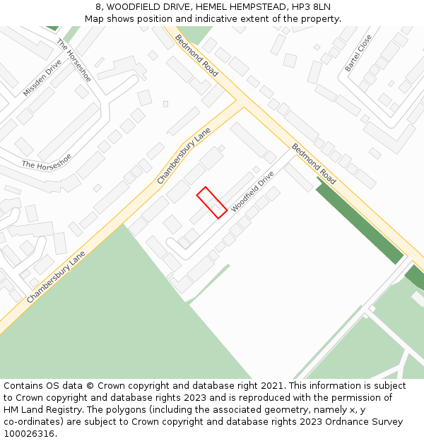 8, WOODFIELD DRIVE, HEMEL HEMPSTEAD, HP3 8LN: Location map and indicative extent of plot