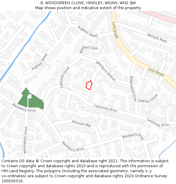 8, WOODGREEN CLOSE, HINDLEY, WIGAN, WN2 3JW: Location map and indicative extent of plot