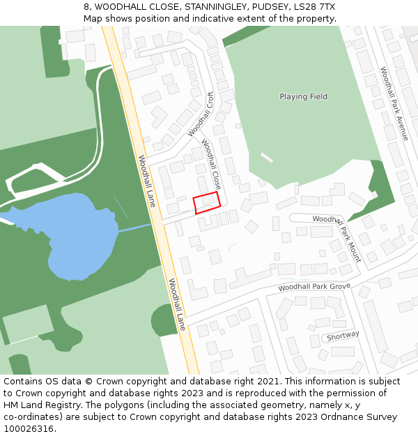 8, WOODHALL CLOSE, STANNINGLEY, PUDSEY, LS28 7TX: Location map and indicative extent of plot