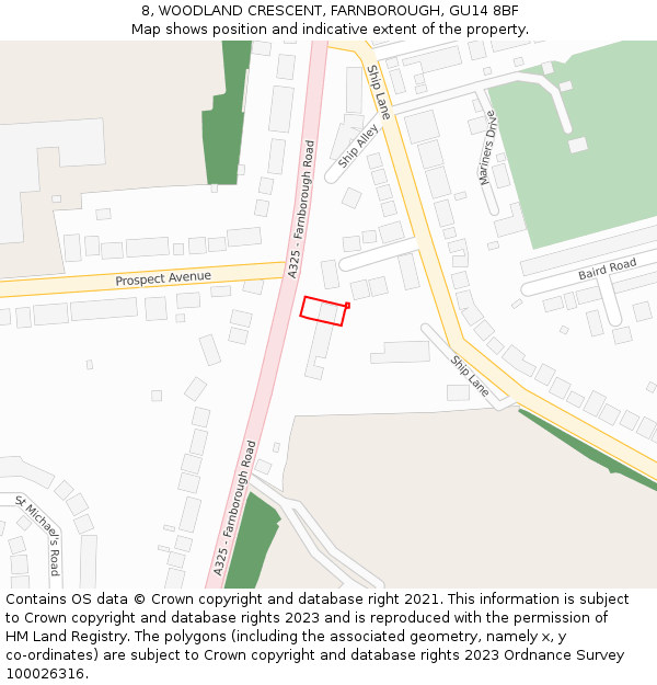 8, WOODLAND CRESCENT, FARNBOROUGH, GU14 8BF: Location map and indicative extent of plot