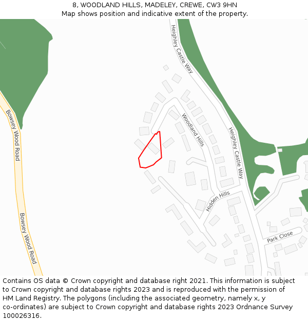 8, WOODLAND HILLS, MADELEY, CREWE, CW3 9HN: Location map and indicative extent of plot