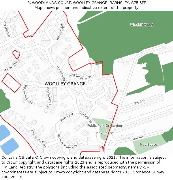 8, WOODLANDS COURT, WOOLLEY GRANGE, BARNSLEY, S75 5FE: Location map and indicative extent of plot