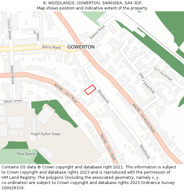 8, WOODLANDS, GOWERTON, SWANSEA, SA4 3DP: Location map and indicative extent of plot