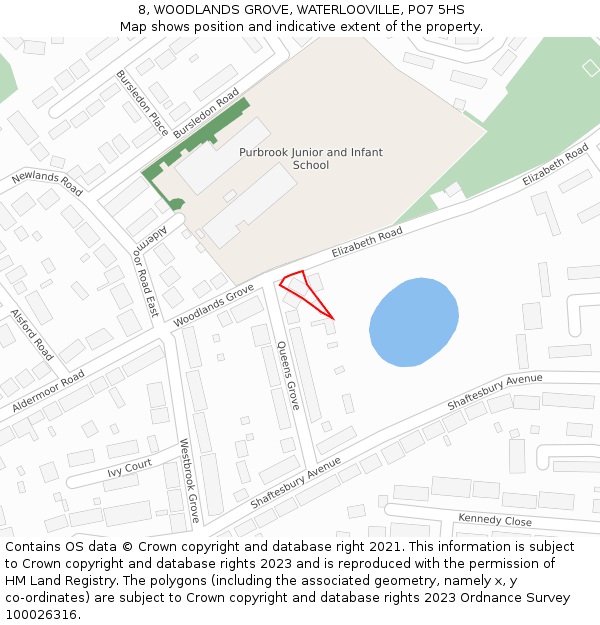8, WOODLANDS GROVE, WATERLOOVILLE, PO7 5HS: Location map and indicative extent of plot