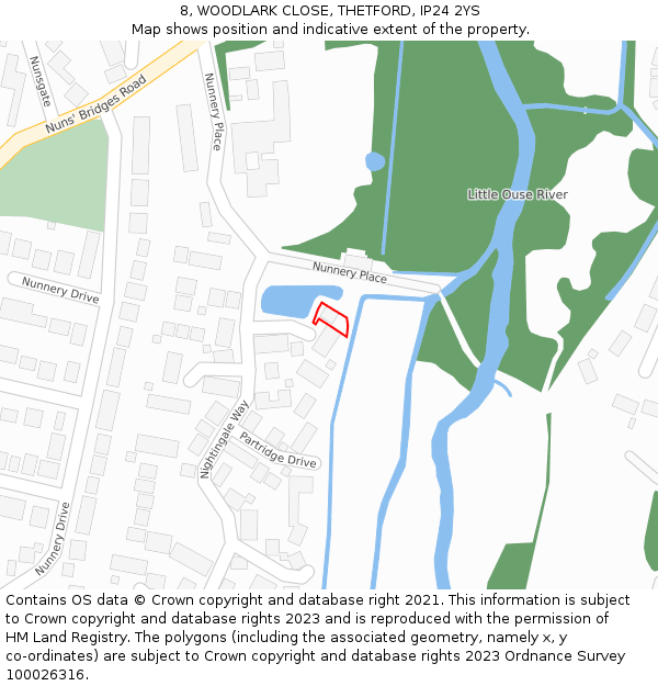 8, WOODLARK CLOSE, THETFORD, IP24 2YS: Location map and indicative extent of plot