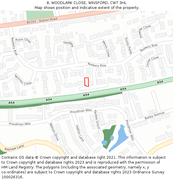 8, WOODLARK CLOSE, WINSFORD, CW7 3HL: Location map and indicative extent of plot