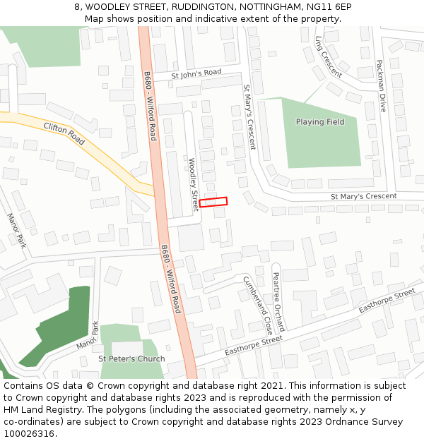 8, WOODLEY STREET, RUDDINGTON, NOTTINGHAM, NG11 6EP: Location map and indicative extent of plot