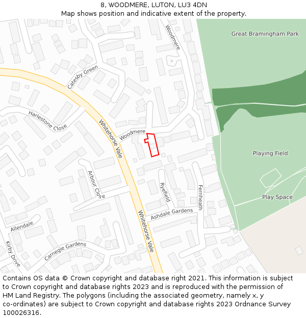 8, WOODMERE, LUTON, LU3 4DN: Location map and indicative extent of plot